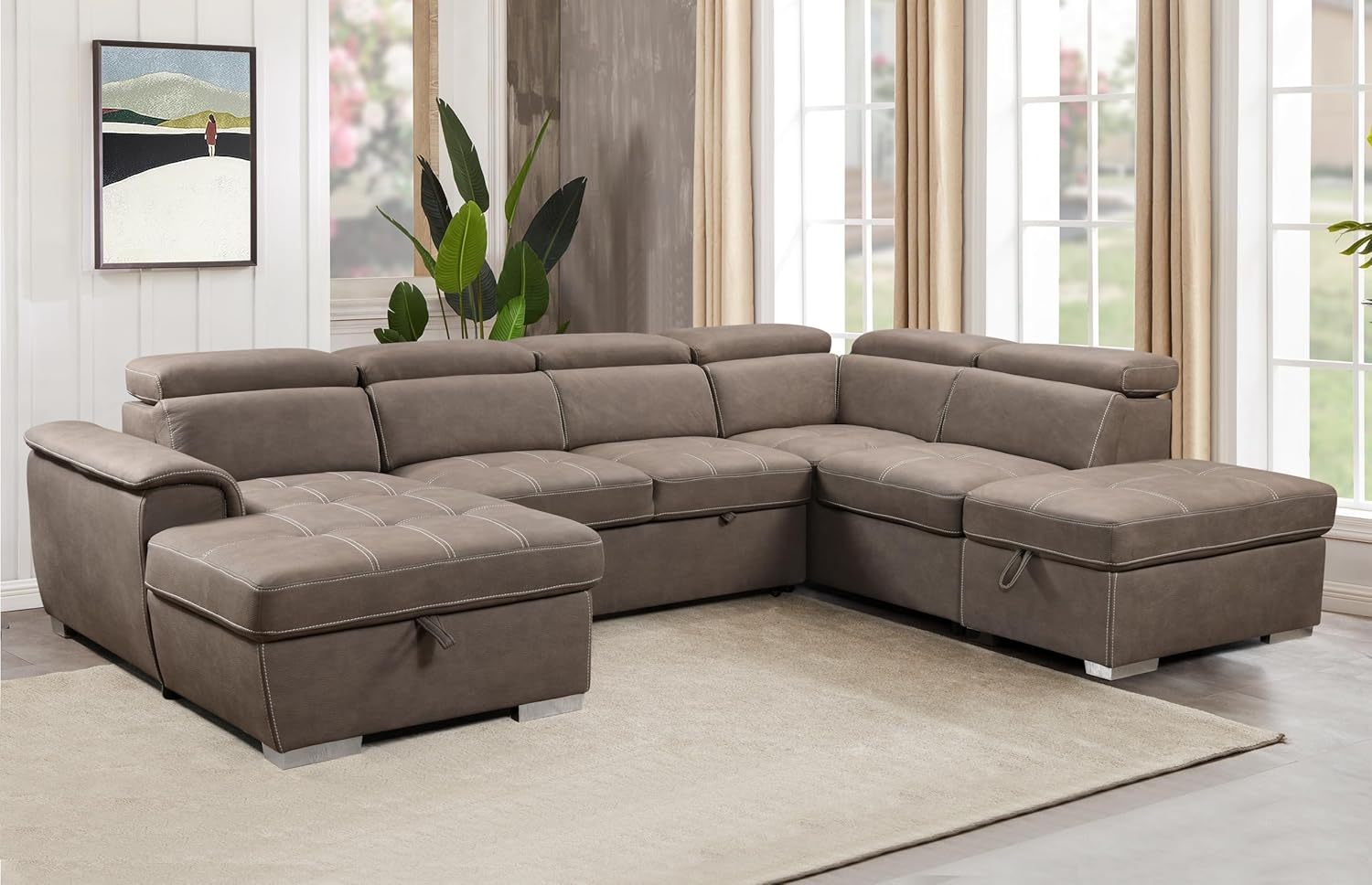 THSUPER 127'' U-Shaped Sectional Sofa with Pull-Out Bed, Adjustable Headrests and Storage Chaise, Microfiber Upholstered 7-Seater Oversized Sectional Sleeper Couch with Ottoman for Living Room. Brown
