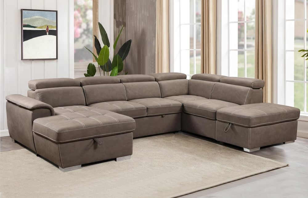 THSUPER 127'' U-Shaped Sectional Sofa with Pull-Out Bed, Adjustable Headrests and Storage Chaise, Microfiber Upholstered 7-Seater Oversized Sectional Sleeper Couch with Ottoman for Living Room. Brown