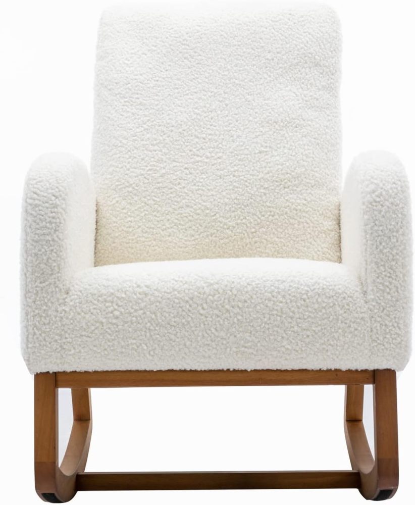Dolonm Rocking Chair Mid-Century Modern Nursery Rocking Armchair Upholstered Tall Back Accent Glider Rocker for Living Room (White)