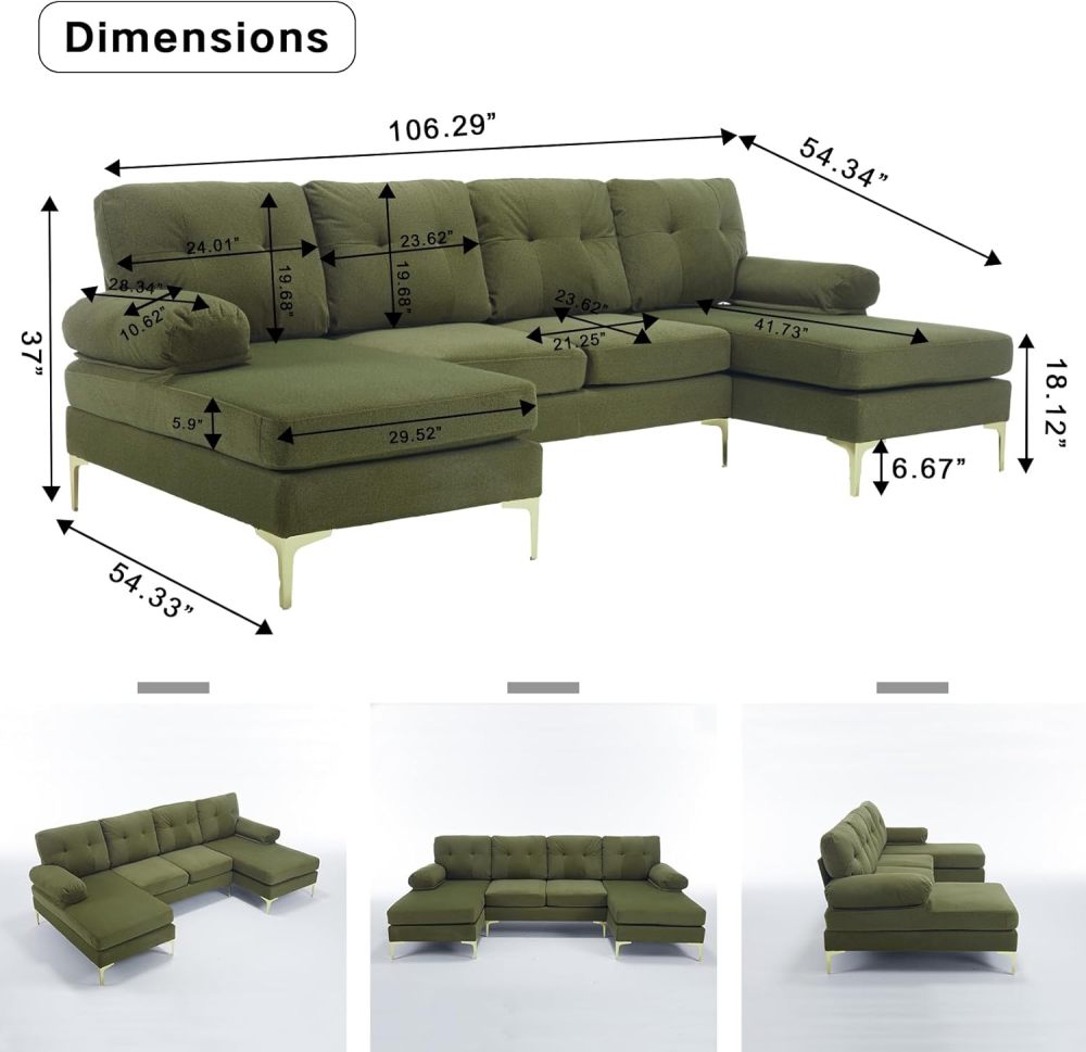 SZLIZCCC Modern sectional Sofa, Living Room U-Shaped 4-Seater Sofa Set with Double Chaise Longue for Small Spaces (106" U Green)