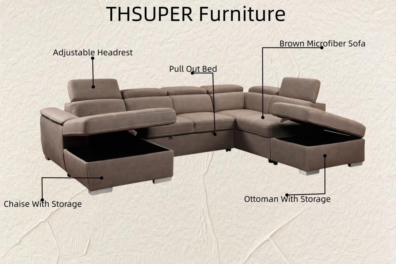 THSUPER 127'' U-Shaped Sectional Sofa with Pull-Out Bed, Adjustable Headrests and Storage Chaise, Microfiber Upholstered 7-Seater Oversized Sectional Sleeper Couch with Ottoman for Living Room. Brown