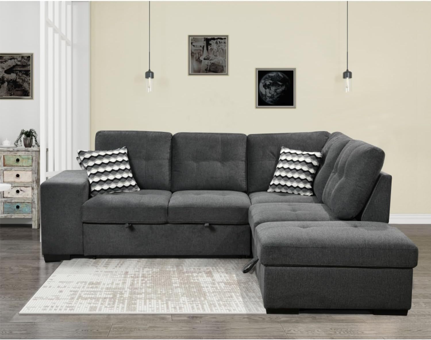 THSUPER L Shape Sectional Sleeper Sofa with Pull Out Bed and Storage Ottoman, 2 Stools and 2 USB Ports, Sectional Couch for Living Room - Dark Gray, 5 Seats
