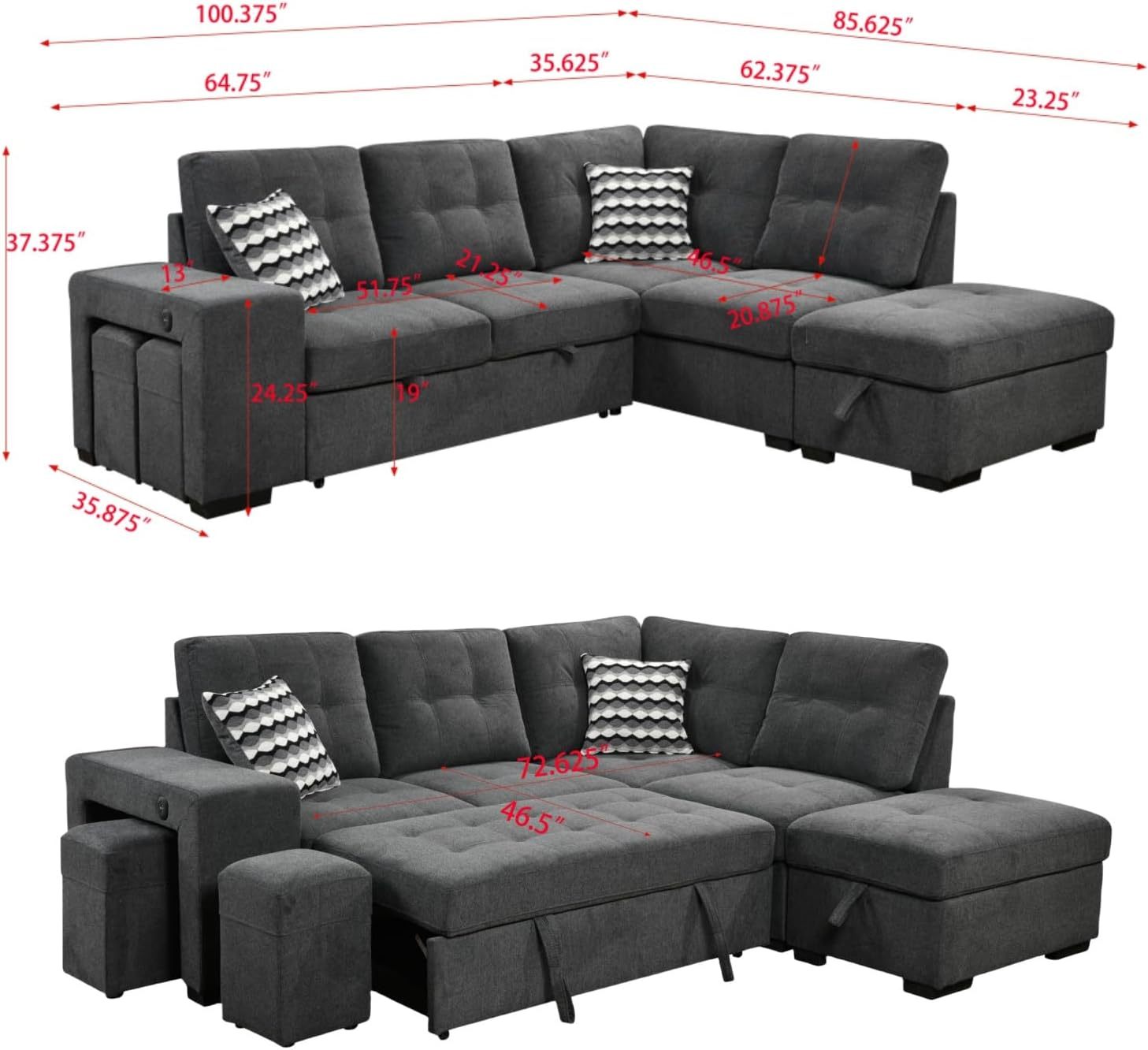 THSUPER L Shape Sectional Sleeper Sofa with Pull Out Bed and Storage Ottoman, 2 Stools and 2 USB Ports, Sectional Couch for Living Room - Dark Gray, 5 Seats