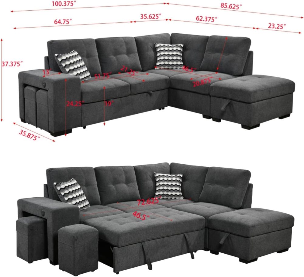 THSUPER L Shape Sectional Sleeper Sofa with Pull Out Bed and Storage Ottoman, 2 Stools and 2 USB Ports, Sectional Couch for Living Room - Dark Gray, 5 Seats