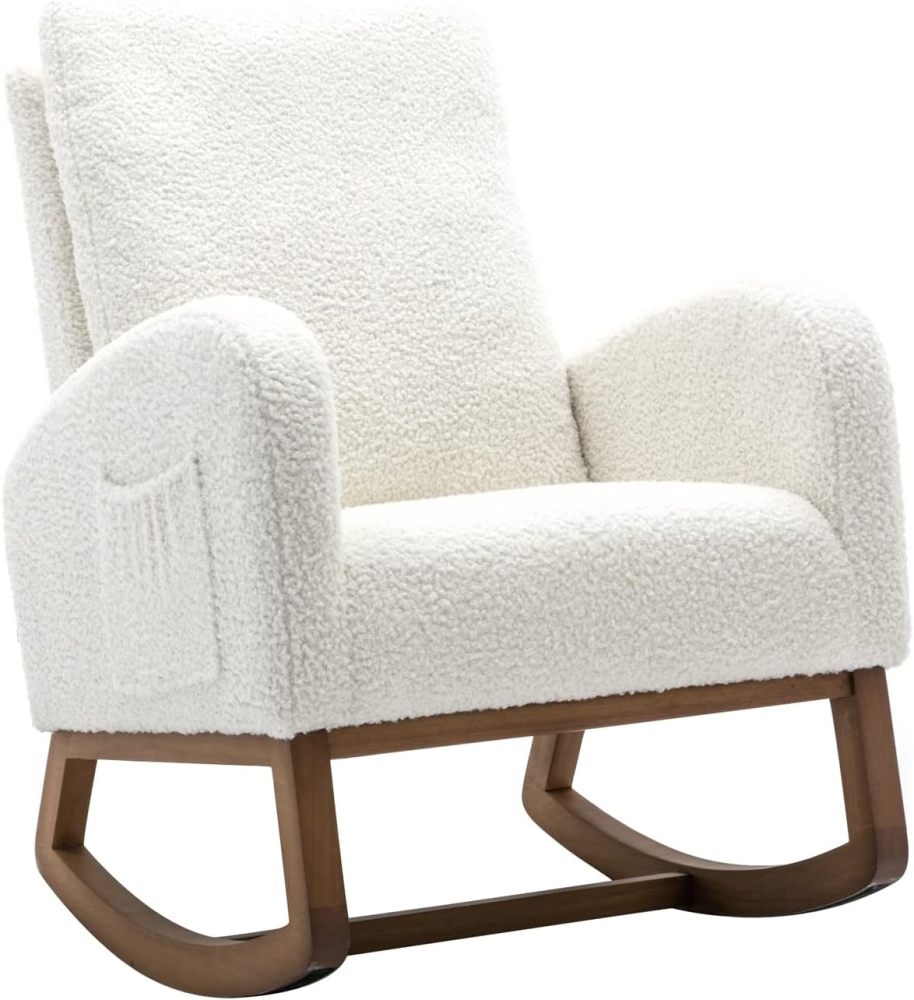 Dolonm Rocking Chair Mid-Century Modern Nursery Rocking Armchair Upholstered Tall Back Accent Glider Rocker for Living Room (White)
