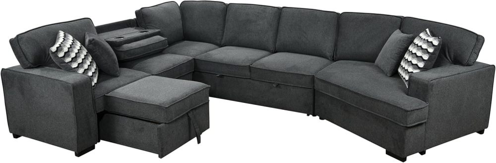 THSUPER 146'' Oversized Sectional Sleeper Sofa with Chaise Lounge and 2 Pull-Out Bed, 7-Seater U-Shaped Sectional Couches with Cuddler and 2 Cup Holders for Living Room - Belfast Fabric Dark Grey