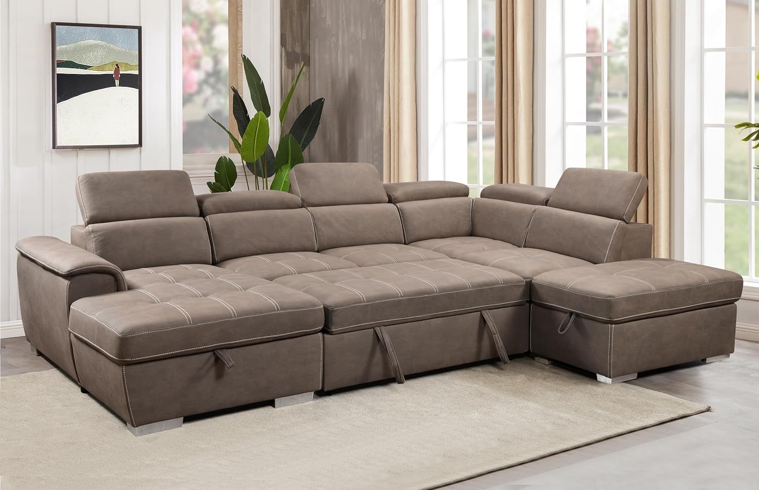 THSUPER 127'' U-Shaped Sectional Sofa with Pull-Out Bed, Adjustable Headrests and Storage Chaise, Microfiber Upholstered 7-Seater Oversized Sectional Sleeper Couch with Ottoman for Living Room. Brown