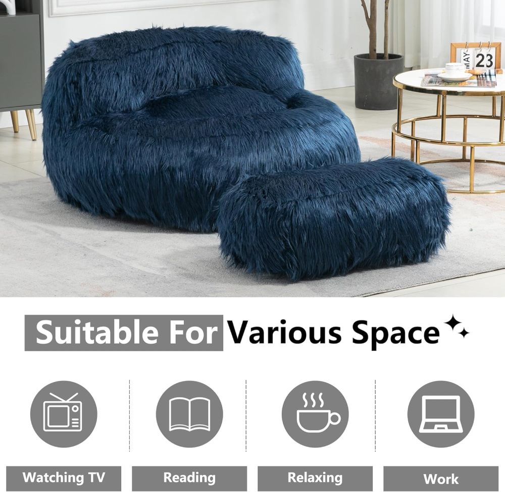 Large Shag Fur Bean Bag Chair With Ottoman, Soft Faux Plush Bean Bag Sofa, Lazy Susans for Living Room ,Apartment,Bedroom ,Modern Accent Chair Soft Fluffy Faux Fur Bean Bag Lazy Sofa Bed (Navy Blue)