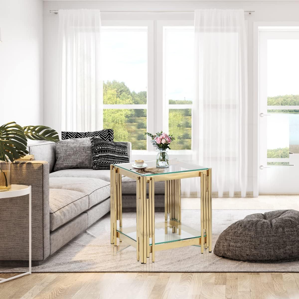 20" Square Coffee Table, Modern Sofa Side Table, Glass Top, Gold Stainless Steel Double Living Room Coffee Table (20 Inch Polished Gold) Suitable for Living Room