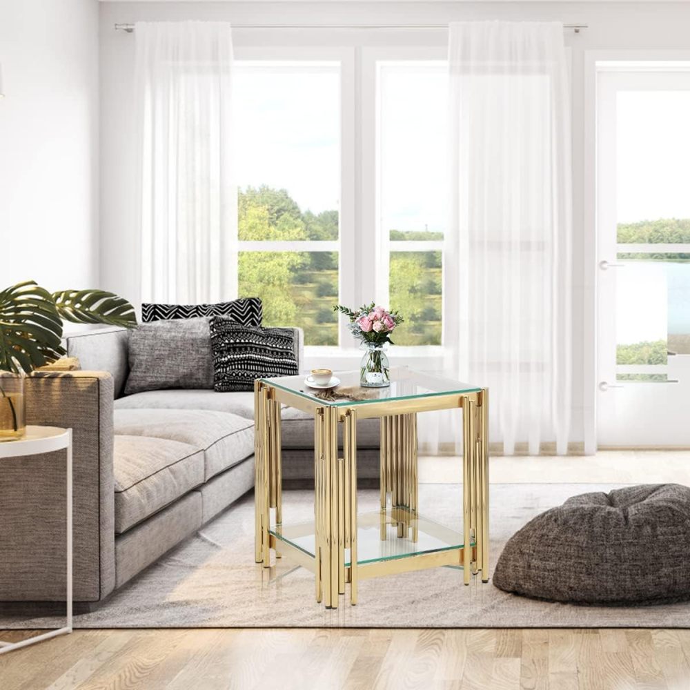 20" Square Coffee Table, Modern Sofa Side Table, Glass Top, Gold Stainless Steel Double Living Room Coffee Table (20 Inch Polished Gold) Suitable for Living Room