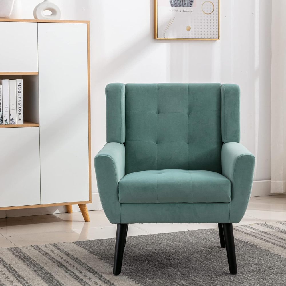 Dolonm Midcentury Modern Velvet Accent Chair with Arms, Upholstered Reading Side Chair Tufted Back Decorative Wingback Chair for Living Room Bedroom (Mint Green)