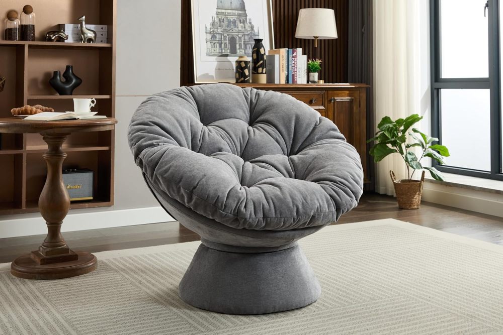 SZLIZCCC Oversized Papasan Chair, Chenille 360° Swivel Living Room Chair Lounge Chair with Soft Thick Cushion & Sturdy Base, Modern Upholstered Barrel Chair Lazy Chair for Bedroom (Dark Grey)