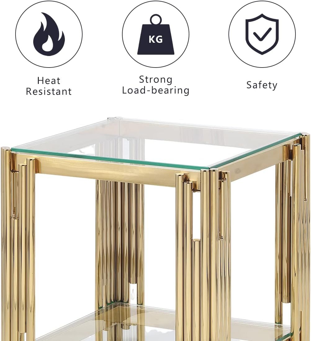 20" Square Coffee Table, Modern Sofa Side Table, Glass Top, Gold Stainless Steel Double Living Room Coffee Table (20 Inch Polished Gold) Suitable for Living Room
