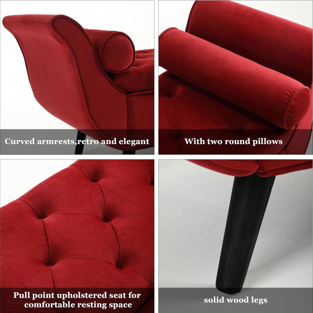 SZLIZCCC Velvet Storage Ottoman, 65" Long King Rolled Arm Bedroom End of Bed Bench, Bedroom Bench with Storage,Bedroom,Entryway, Living Room (Wine-red)