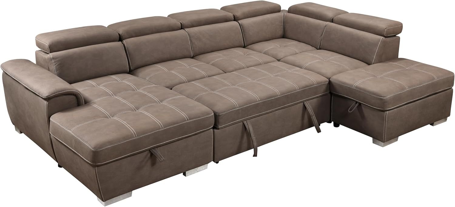 THSUPER 127'' U-Shaped Sectional Sofa with Pull-Out Bed, Adjustable Headrests and Storage Chaise, Microfiber Upholstered 7-Seater Oversized Sectional Sleeper Couch with Ottoman for Living Room. Brown
