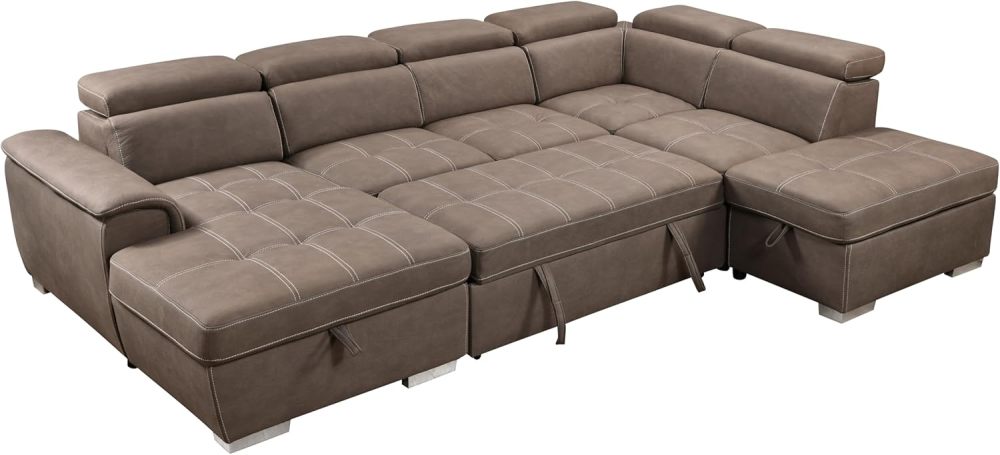 THSUPER 127'' U-Shaped Sectional Sofa with Pull-Out Bed, Adjustable Headrests and Storage Chaise, Microfiber Upholstered 7-Seater Oversized Sectional Sleeper Couch with Ottoman for Living Room. Brown