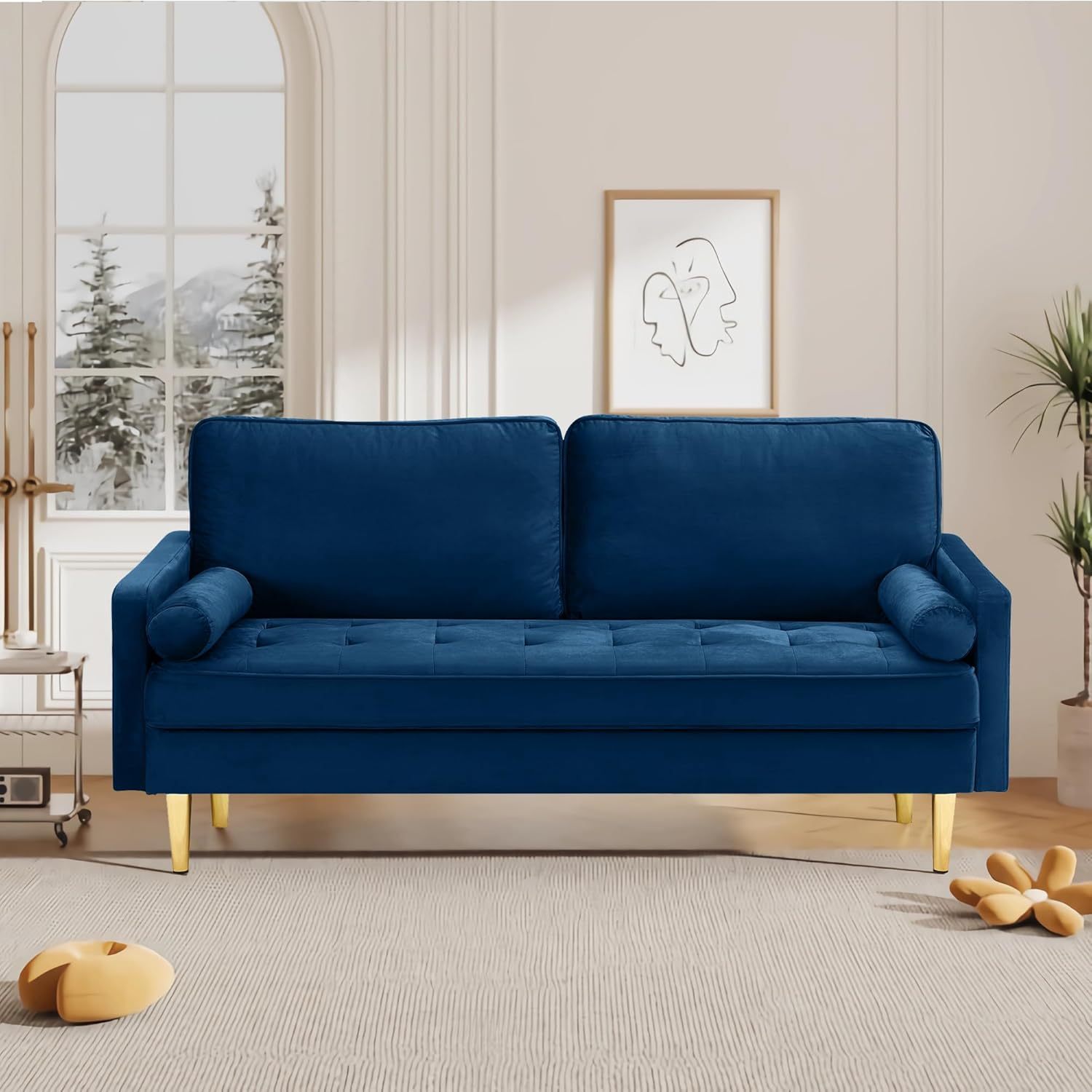 SZLIZCCC 67" LoveSeat Sofa, Love Seat Couch, Mid Century Modern Couchs Velvet Fabric Pull Dot Design Sofas with Two Round Pillows for Small Spaces, Living Room, Dorm, Bedroom, Apartment (67 Navy)