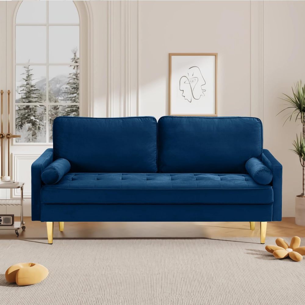 SZLIZCCC 67" LoveSeat Sofa, Love Seat Couch, Mid Century Modern Couchs Velvet Fabric Pull Dot Design Sofas with Two Round Pillows for Small Spaces, Living Room, Dorm, Bedroom, Apartment (67 Navy)
