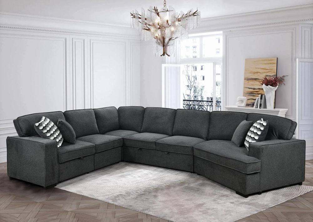 THSUPER 146'' Oversized Sectional Sleeper Sofa with Chaise Lounge and 2 Pull-Out Bed, 7-Seater U-Shaped Sectional Couches with Cuddler and 2 Cup Holders for Living Room - Belfast Fabric Dark Grey