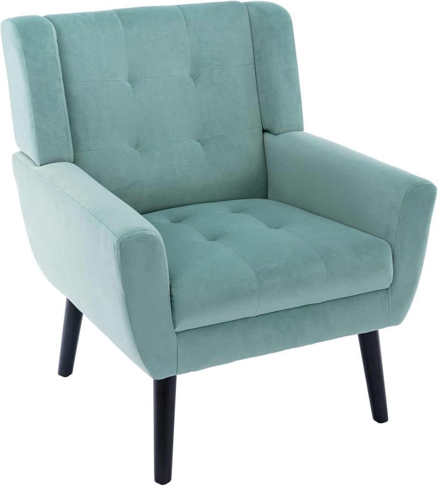 Dolonm Midcentury Modern Velvet Accent Chair with Arms, Upholstered Reading Side Chair Tufted Back Decorative Wingback Chair for Living Room Bedroom (Mint Green)