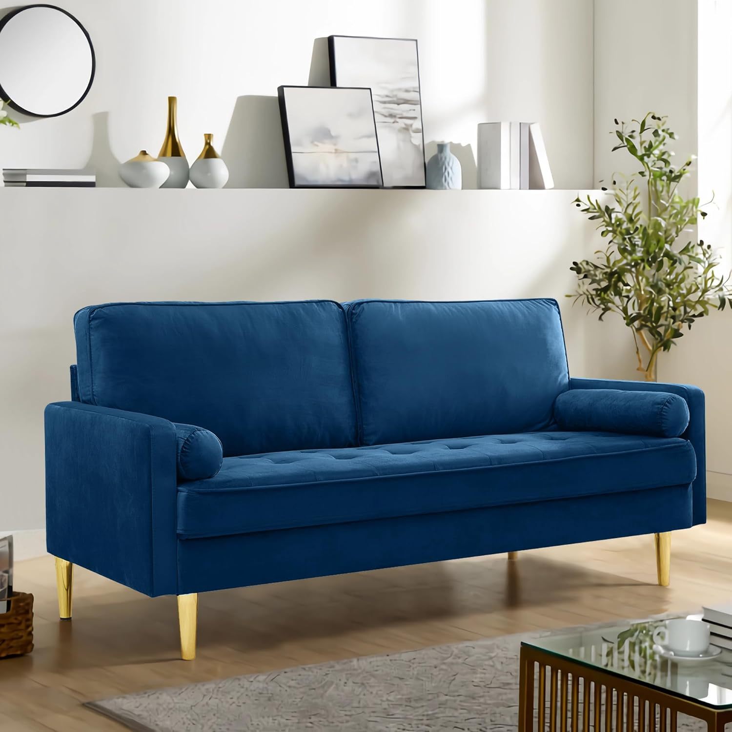 SZLIZCCC 67" LoveSeat Sofa, Love Seat Couch, Mid Century Modern Couchs Velvet Fabric Pull Dot Design Sofas with Two Round Pillows for Small Spaces, Living Room, Dorm, Bedroom, Apartment (67 Navy)