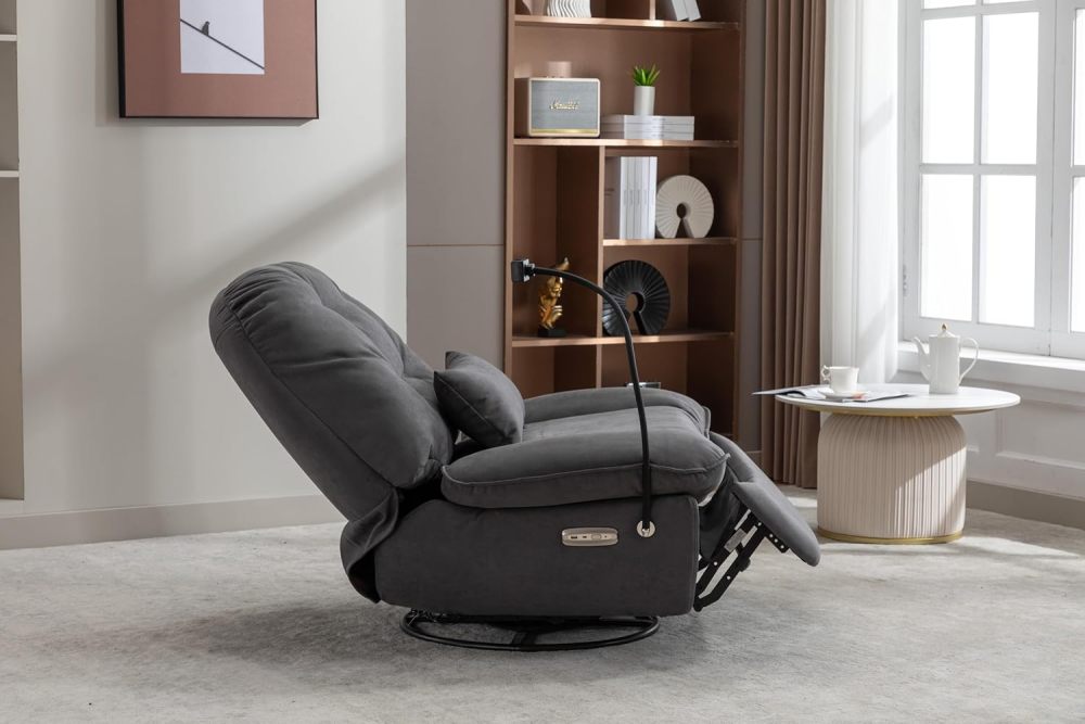 SZLIZCCC Power Recliner Chair Swivel Glider, 270°Swivel Rocker Recliner Nursery Glider Rocking Chair Tufted Chair w/USB Ports, Hidden Arm Storage & Mobile Phone Holder for Room (Grey Fabric)