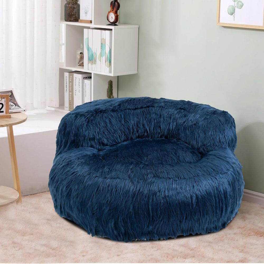 Large Shag Fur Bean Bag Chair With Ottoman, Soft Faux Plush Bean Bag Sofa, Lazy Susans for Living Room ,Apartment,Bedroom ,Modern Accent Chair Soft Fluffy Faux Fur Bean Bag Lazy Sofa Bed (Navy Blue)