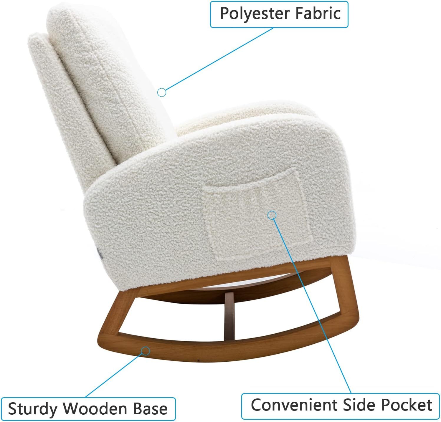 Dolonm Rocking Chair Mid-Century Modern Nursery Rocking Armchair Upholstered Tall Back Accent Glider Rocker for Living Room (White)