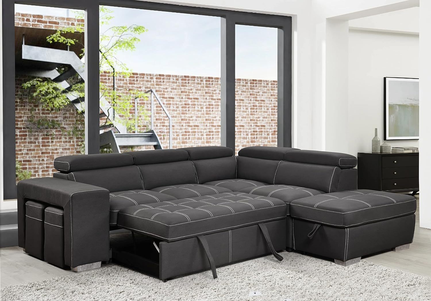 THSUPER 104'' Microfiber Sectional Sleeper Sofa with Pull-Out Bed, Chaise & Storage Ottoman. 5 Seater L-Shaped Couch with Adjustable Headrest and Stools. Perfect for Living Room. Grey Color.