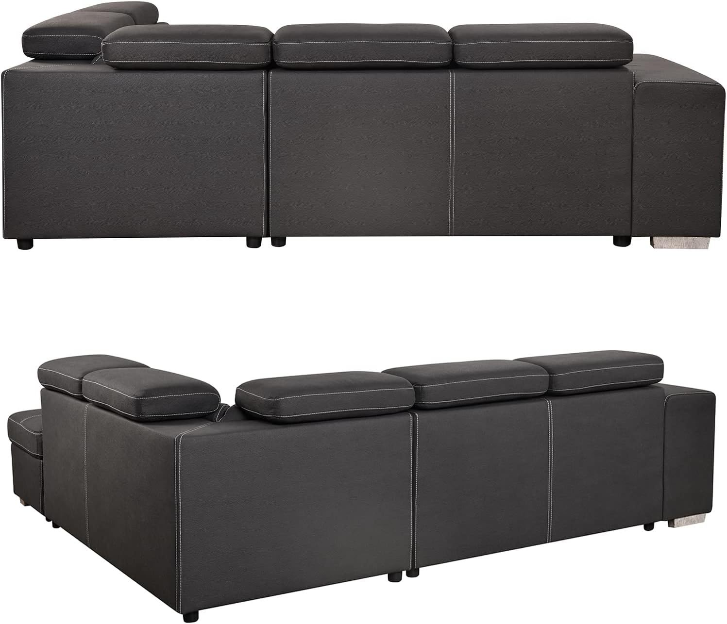 THSUPER 104'' Microfiber Sectional Sleeper Sofa with Pull-Out Bed, Chaise & Storage Ottoman. 5 Seater L-Shaped Couch with Adjustable Headrest and Stools. Perfect for Living Room. Grey Color.