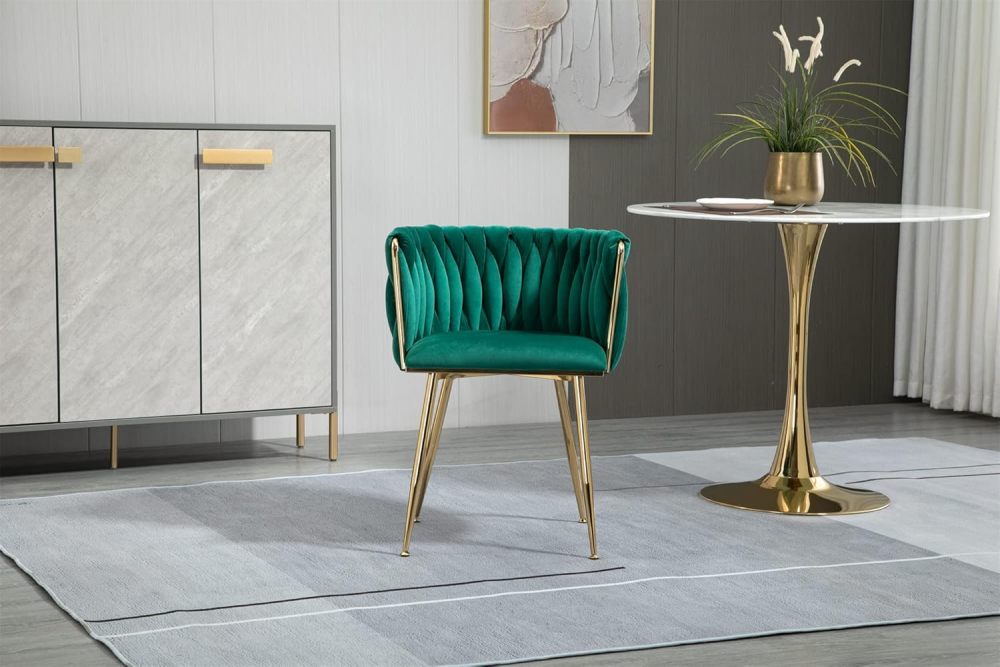 SZLIZCCC Modern Velvet Dining Chair, Curved Mid Back Support Living Room Chair, Woven Trim Gold Frame Trim Chaipholr, Ustered Club Chair， for Dining Room, Kitchen, Dressing (Emerald set of 2)
