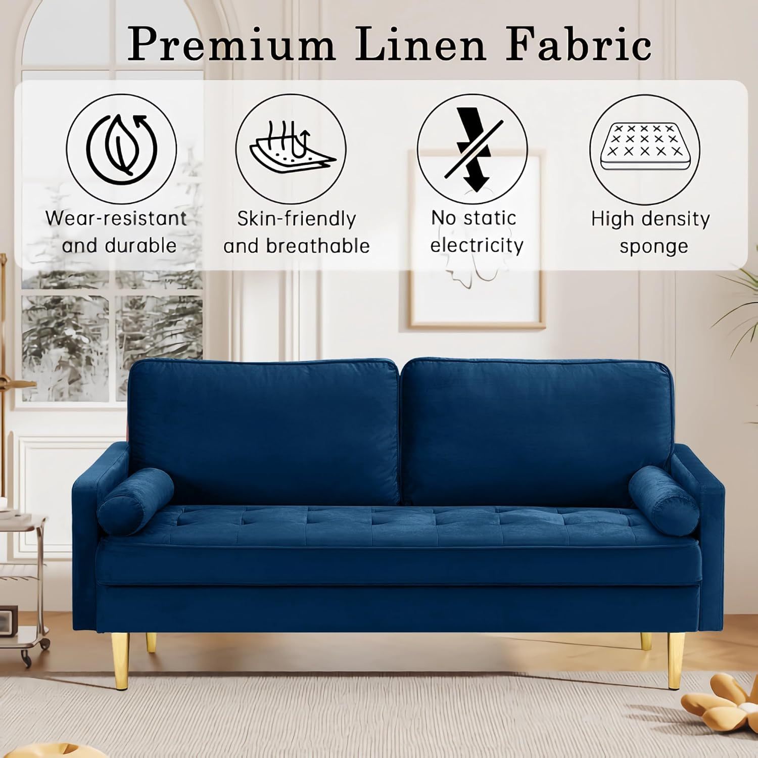 SZLIZCCC 67" LoveSeat Sofa, Love Seat Couch, Mid Century Modern Couchs Velvet Fabric Pull Dot Design Sofas with Two Round Pillows for Small Spaces, Living Room, Dorm, Bedroom, Apartment (67 Navy)