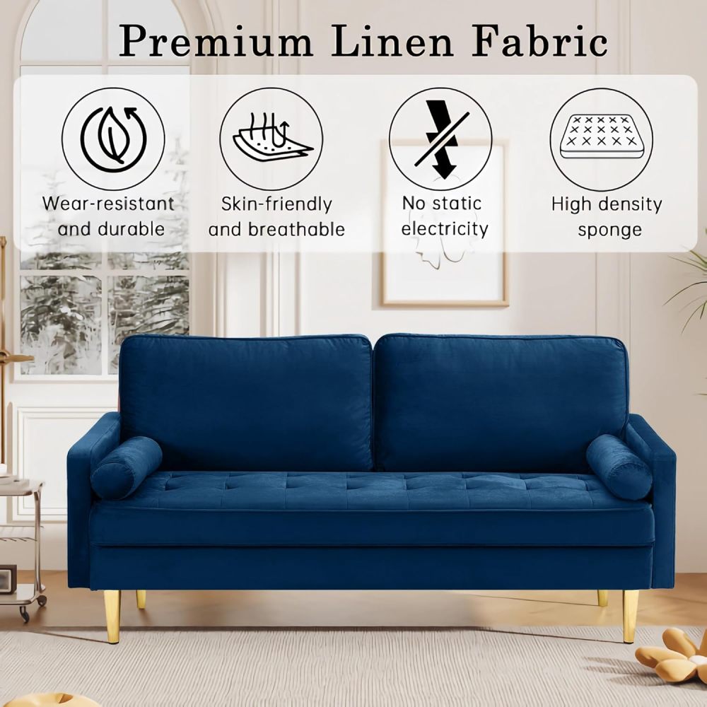 SZLIZCCC 67" LoveSeat Sofa, Love Seat Couch, Mid Century Modern Couchs Velvet Fabric Pull Dot Design Sofas with Two Round Pillows for Small Spaces, Living Room, Dorm, Bedroom, Apartment (67 Navy)