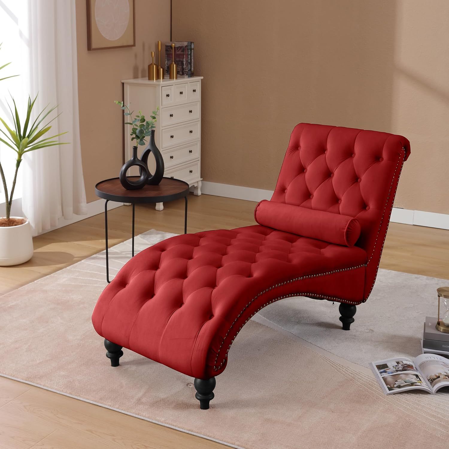 SZLIZCCC Modern Chaise Lounge Chair, Tufted Button Living Room Upholstered Chair, Velvet Noble Lounge Sofa Chair, Armless Chair with Pillows, Bedroom Wooden Leg Chair(Wine Red)