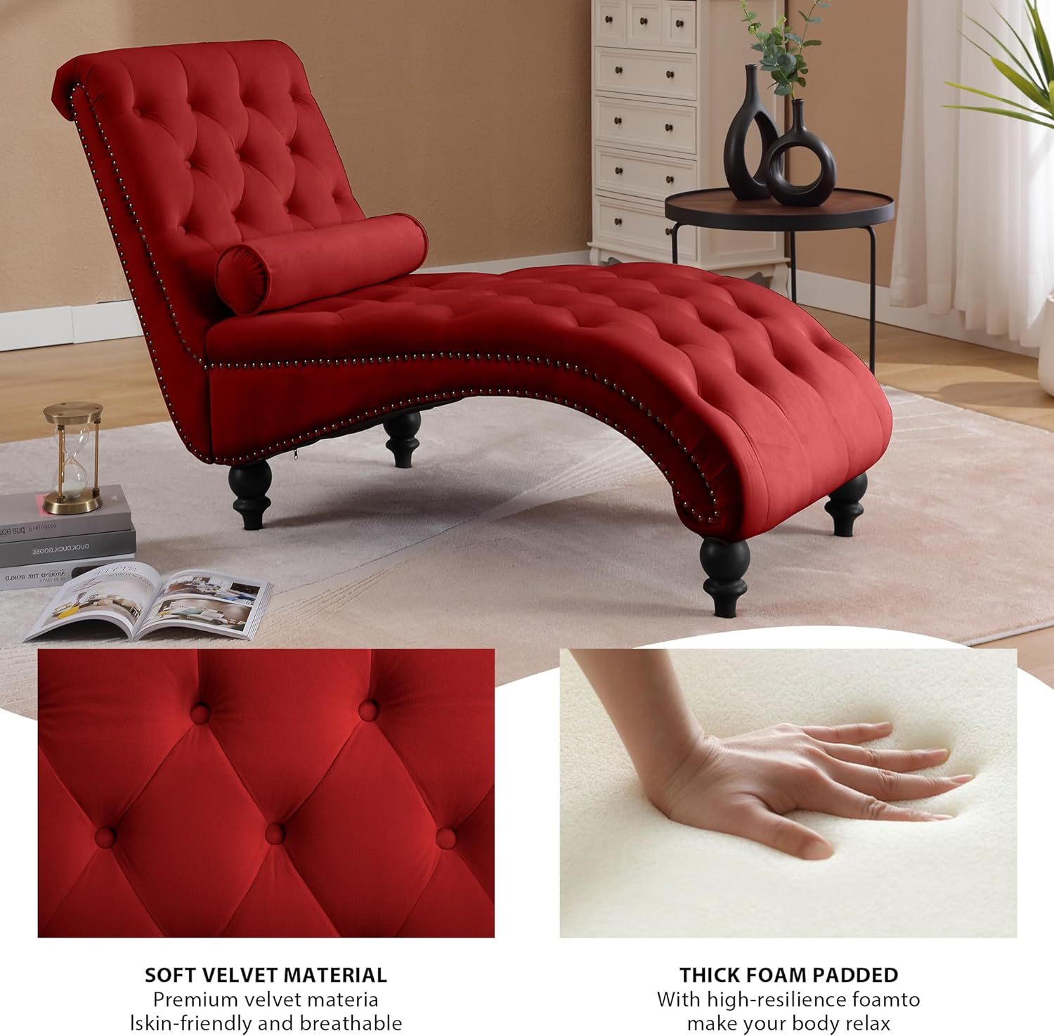 SZLIZCCC Modern Chaise Lounge Chair, Tufted Button Living Room Upholstered Chair, Velvet Noble Lounge Sofa Chair, Armless Chair with Pillows, Bedroom Wooden Leg Chair(Wine Red)