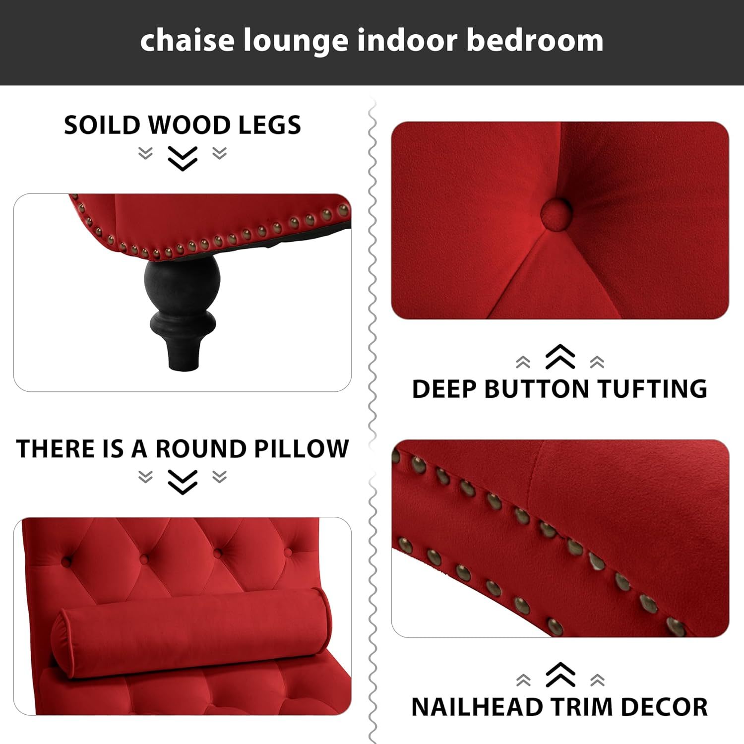 SZLIZCCC Modern Chaise Lounge Chair, Tufted Button Living Room Upholstered Chair, Velvet Noble Lounge Sofa Chair, Armless Chair with Pillows, Bedroom Wooden Leg Chair(Wine Red)