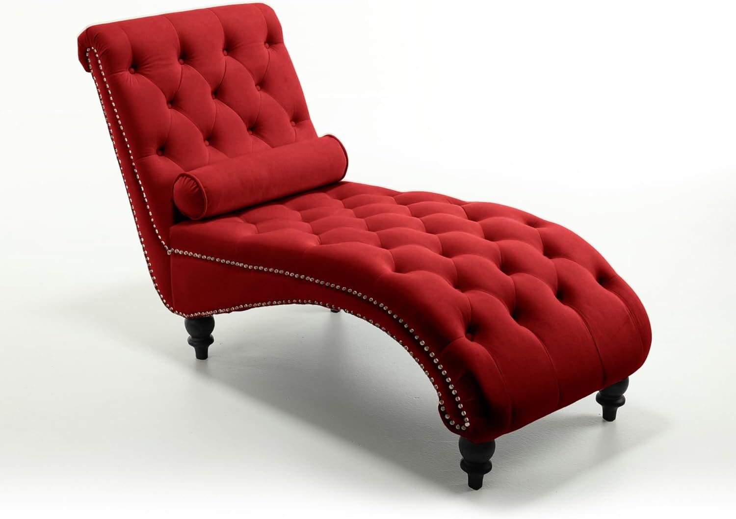 SZLIZCCC Modern Chaise Lounge Chair, Tufted Button Living Room Upholstered Chair, Velvet Noble Lounge Sofa Chair, Armless Chair with Pillows, Bedroom Wooden Leg Chair(Wine Red)