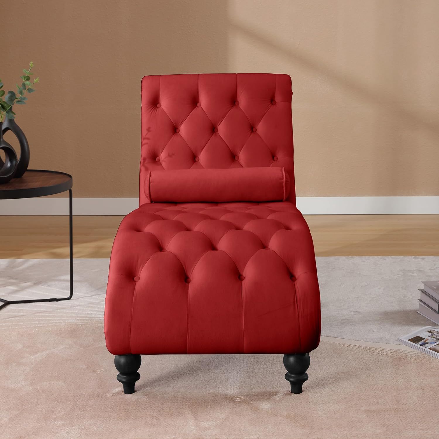SZLIZCCC Modern Chaise Lounge Chair, Tufted Button Living Room Upholstered Chair, Velvet Noble Lounge Sofa Chair, Armless Chair with Pillows, Bedroom Wooden Leg Chair(Wine Red)