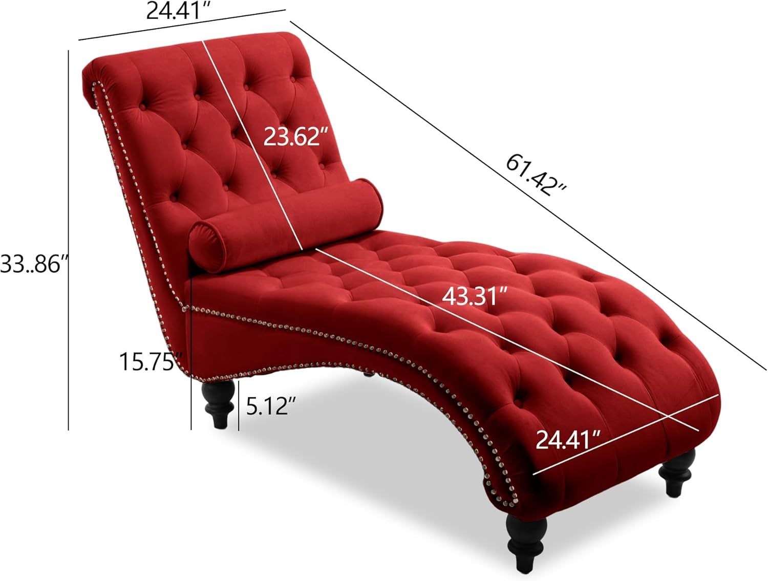SZLIZCCC Modern Chaise Lounge Chair, Tufted Button Living Room Upholstered Chair, Velvet Noble Lounge Sofa Chair, Armless Chair with Pillows, Bedroom Wooden Leg Chair(Wine Red)