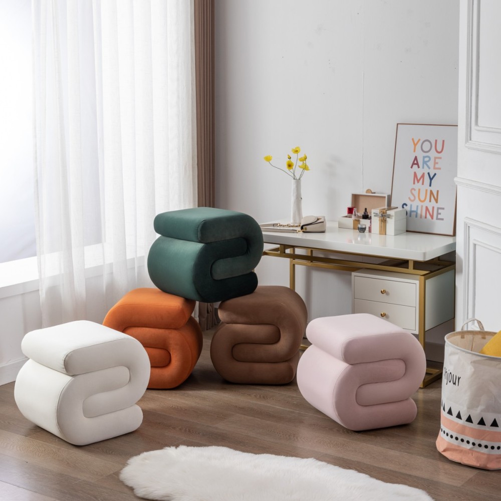S-Shape Velvet Ottoman, Vanity Stool Upholstered Footrest Ottoman Stool Dressing Chair Makeup Rest Stool Chair for Makeup, Living Room, Bedroom(White)