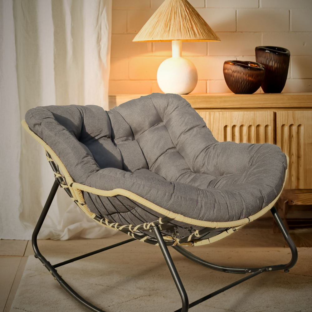 Outdoor Rocking Chair, Patio Egg Rocking Chair, Indoor Papasan Chair, Rattan Wicker Lounge Chair, Modern Royal Chair for Bedroom, Living Room, Porch, Garden,Lawn