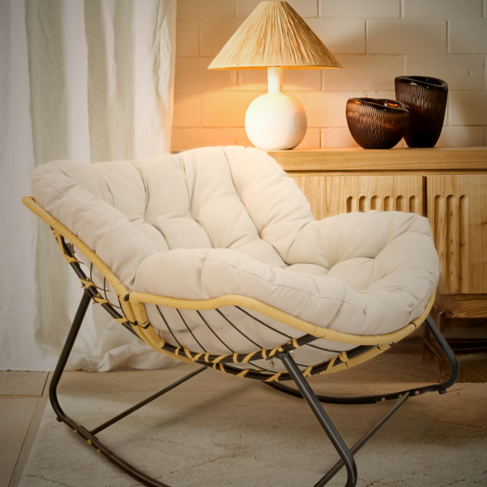 Outdoor Rocking Chair, Patio Egg Rocking Chair, Indoor Papasan Chair, Rattan Wicker Lounge Chair, Modern Royal Chair for Bedroom, Living Room, Porch, Garden,Lawn