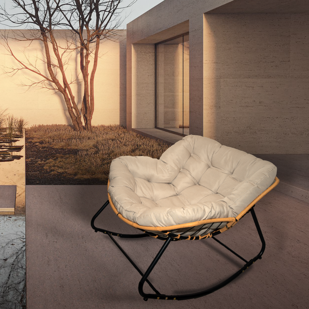Outdoor Rocking Chair, Patio Egg Rocking Chair, Indoor Papasan Chair, Rattan Wicker Lounge Chair, Modern Royal Chair for Bedroom, Living Room, Porch, Garden,Lawn