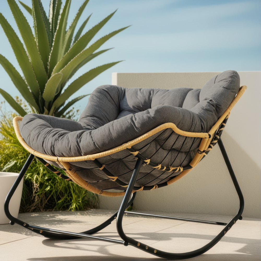 Outdoor Rocking Chair, Patio Egg Rocking Chair, Indoor Papasan Chair, Rattan Wicker Lounge Chair, Modern Royal Chair for Bedroom, Living Room, Porch, Garden,Lawn