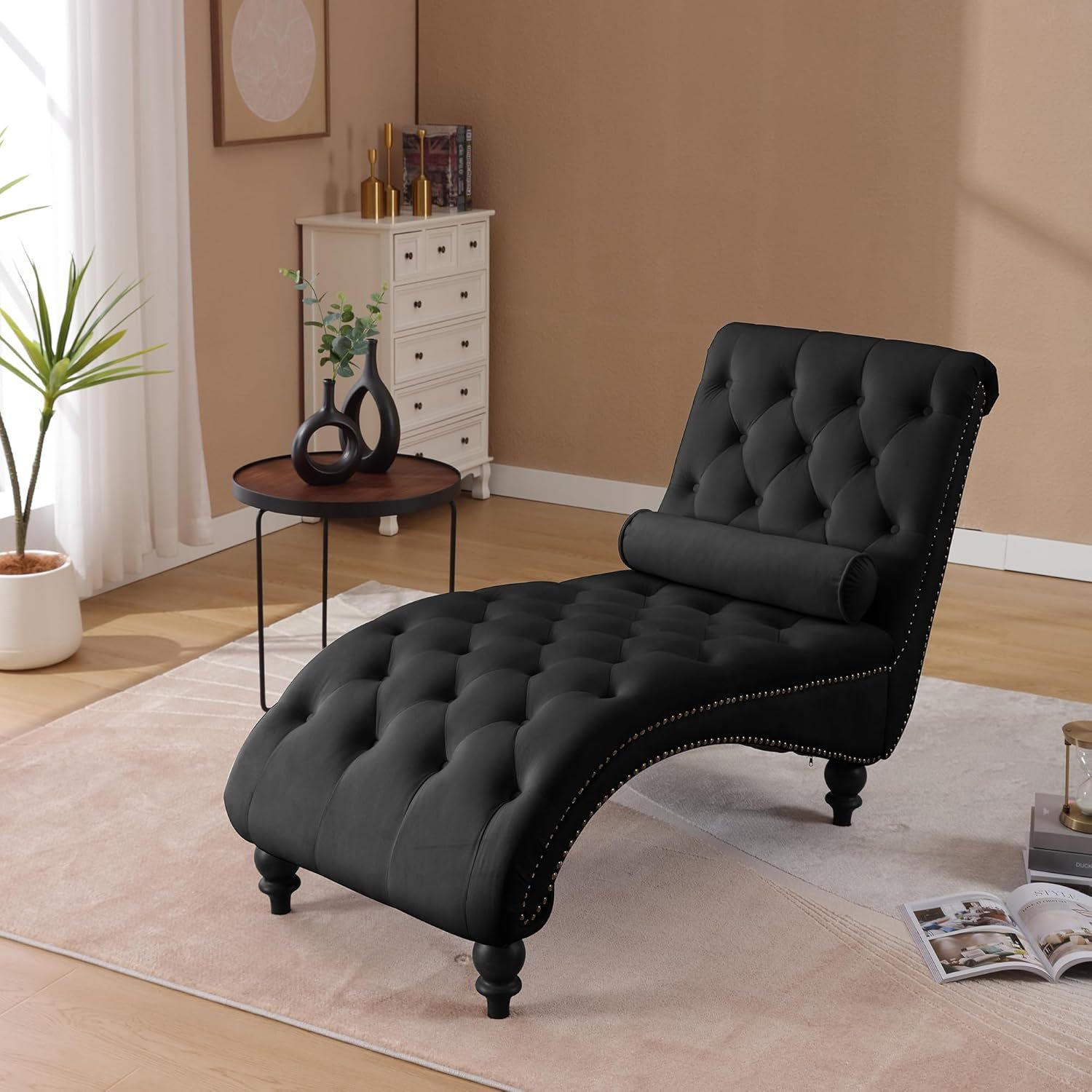 Modern Chaise Lounge Chair, Tufted Button Living Room Upholstered Chair, Velvet Noble Lounge Sofa Chair, Armless Chair with Pillows, Bedroom Wooden Leg Chair(Wine Red)
