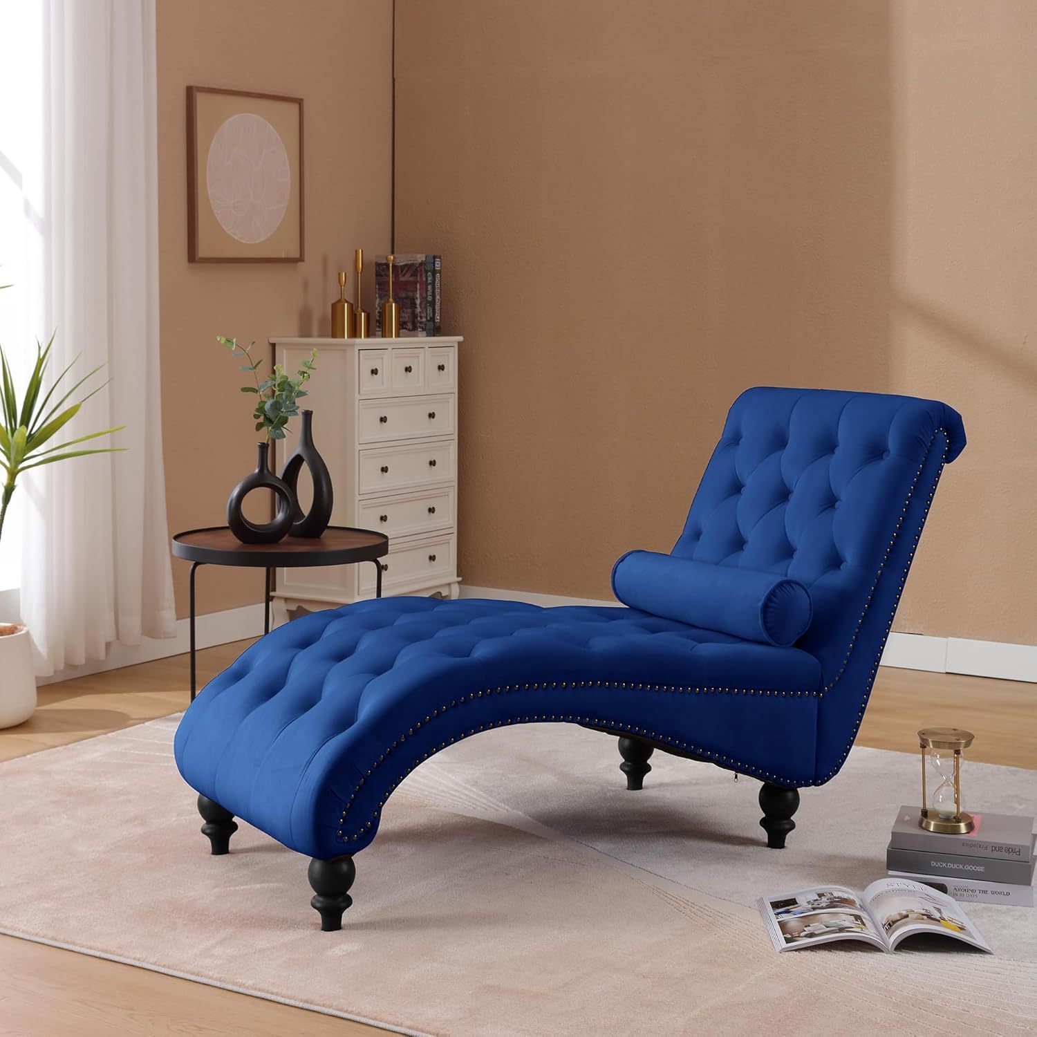Modern Chaise Lounge Chair, Tufted Button Living Room Upholstered Chair, Velvet Noble Lounge Sofa Chair, Armless Chair with Pillows, Bedroom Wooden Leg Chair(Wine Red)