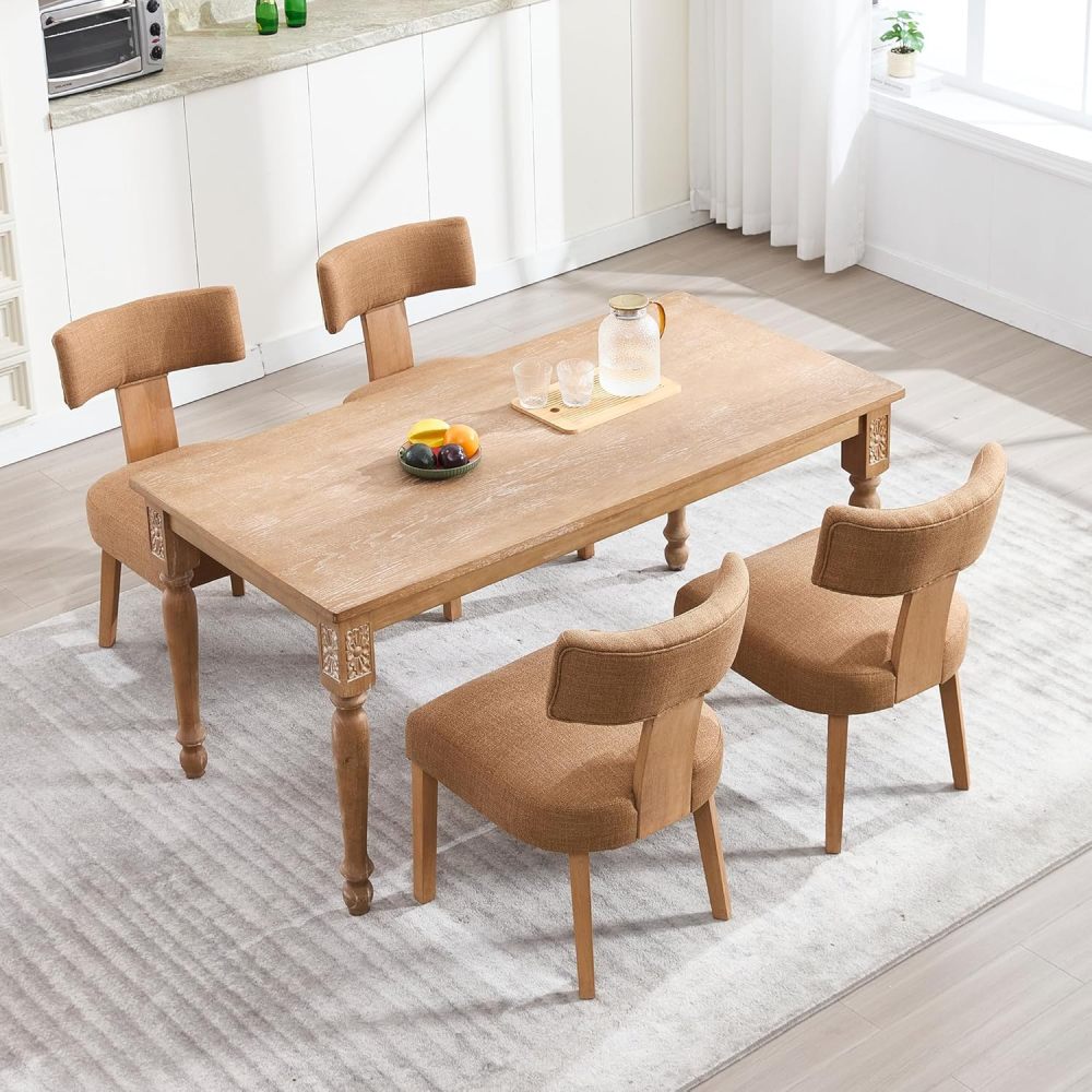 Dining Chairs Set of 2, Farmhouse Linen Fabric Upholstered Kitchen Chairs, Curved Backrest Parson Chairs Side Chairs Solid Wood for Dining Room, Living Room (Brown)