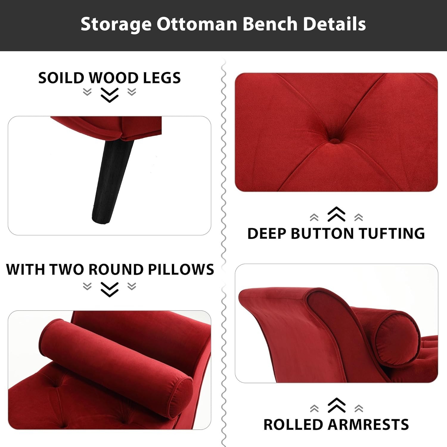 Storage Bench for Bedroom, 65" Velvet End of Bed Bench Button-Tufted Upholstered Storage Ottoman Armed Long Bench Solid Wood Legs 2 Pillows for Entryway Living Room Dining Room
