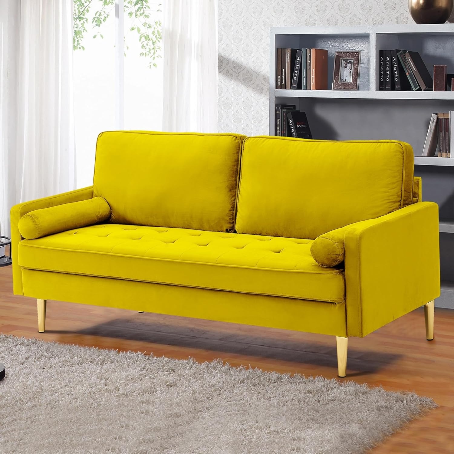 67" LoveSeat Sofa, Love Seat Couch, Mid Century Modern Couchs Velvet Fabric Pull Dot Design Sofas with Two Round Pillows for Small Spaces, Living Room, Dorm, Bedroom, Apartment (67 Navy)