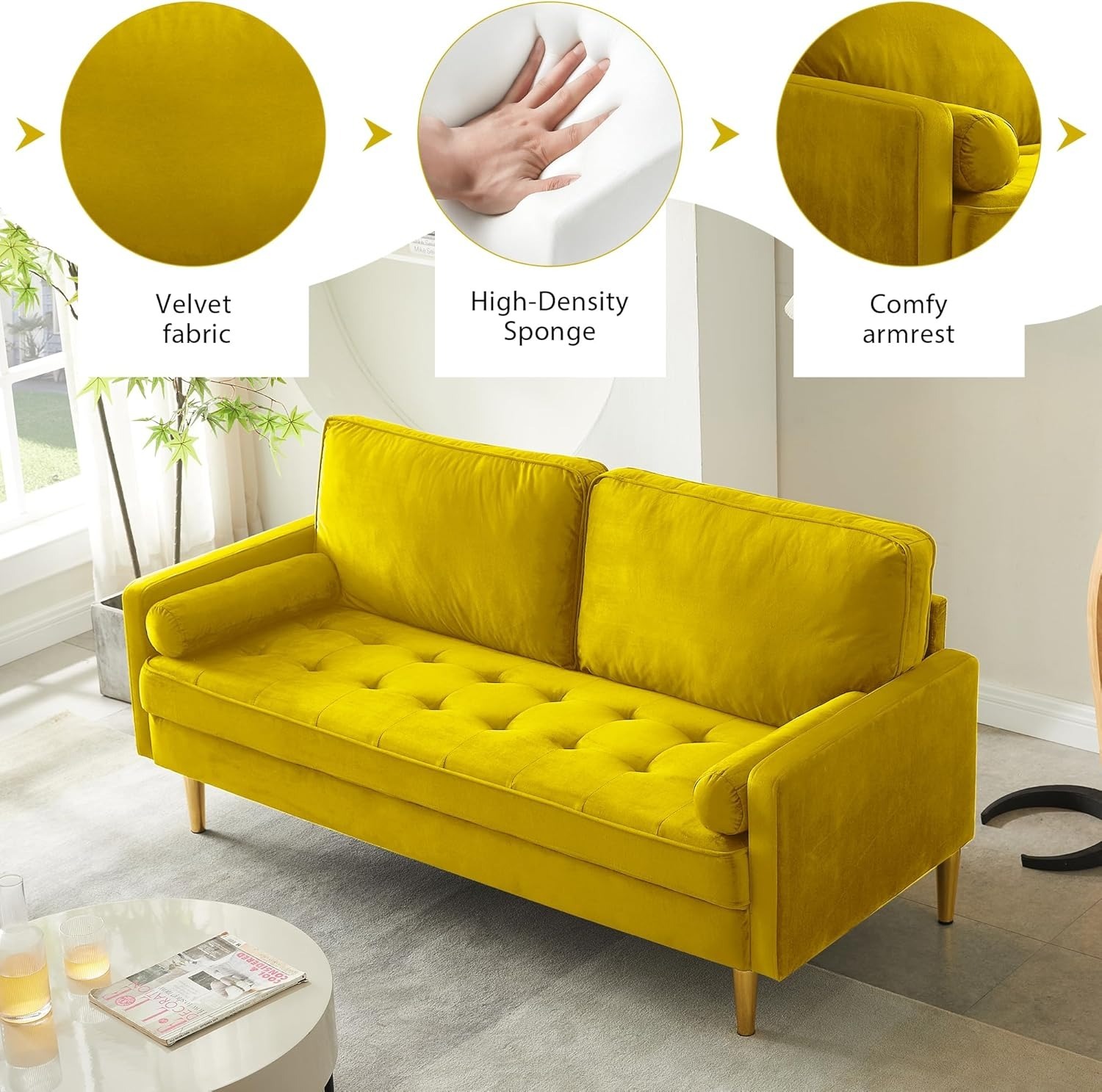 67" LoveSeat Sofa, Love Seat Couch, Mid Century Modern Couchs Velvet Fabric Pull Dot Design Sofas with Two Round Pillows for Small Spaces, Living Room, Dorm, Bedroom, Apartment (67 Navy)